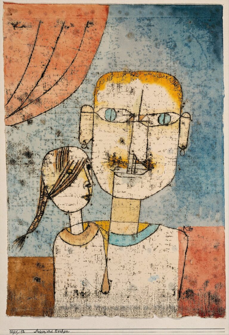 A watercolor and ink painting showing two stylized figures—one large, one small—with grid-like facial lines and pale blue, red, and ochre washes suggesting a father and child set against a simplified architectural background.