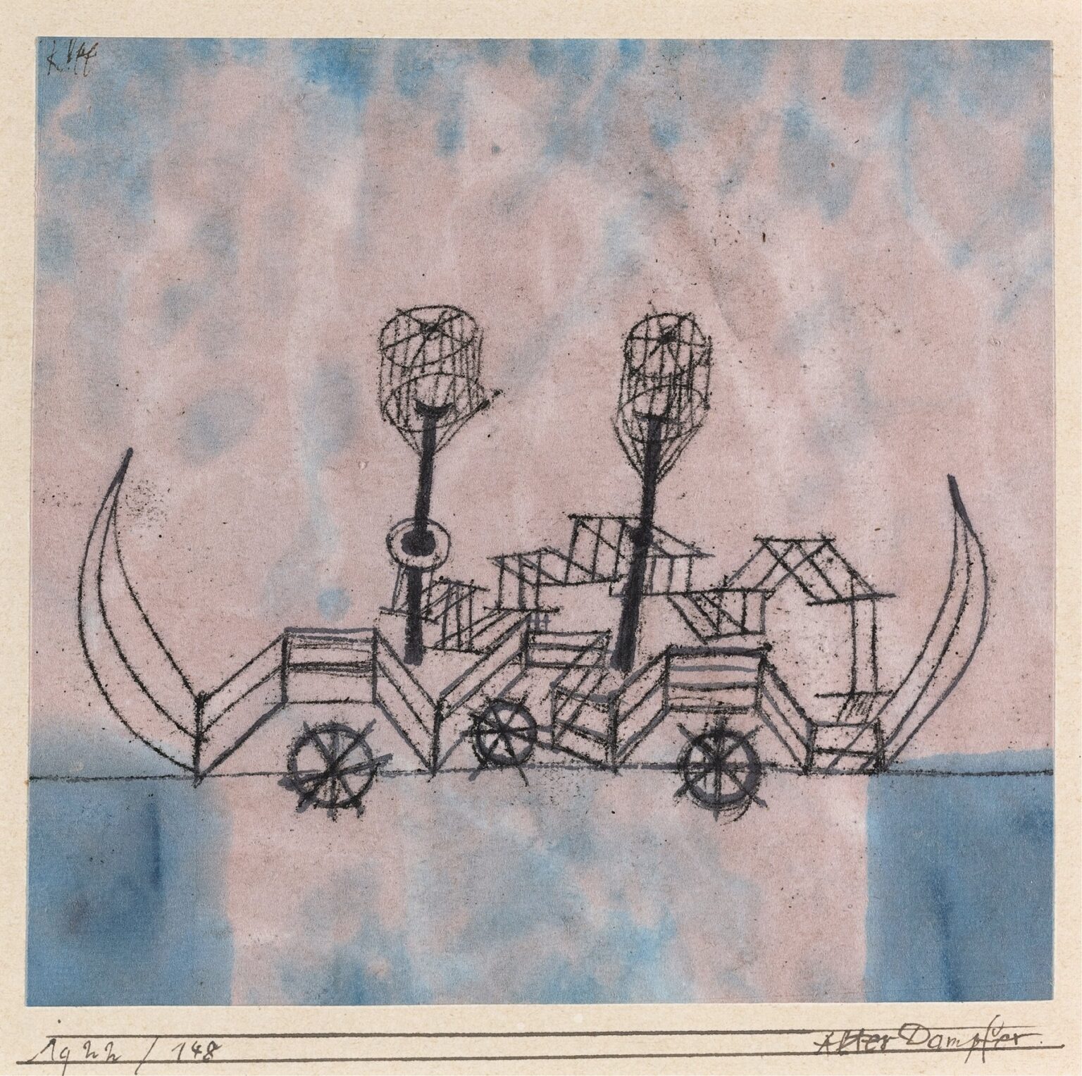 A watercolor and ink painting showing an abstract steamboat composed of angular compartments and spoked wheels, drawn in black lines over pink and blue washes, with two tall mast structures rising above a simplified horizon.