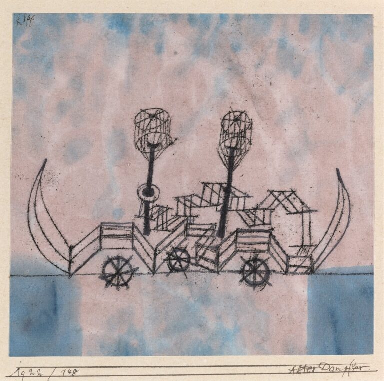 A watercolor and ink painting showing an abstract steamboat composed of angular compartments and spoked wheels, drawn in black lines over pink and blue washes, with two tall mast structures rising above a simplified horizon.