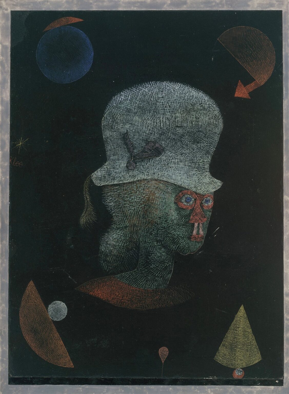 A mystical abstract painting showing a pale-green hat-wearing profile against a black field, surrounded by colored geometric shapes—blue circle, orange semicircle with arrow, yellow cone—with fine white and red hatch lines.