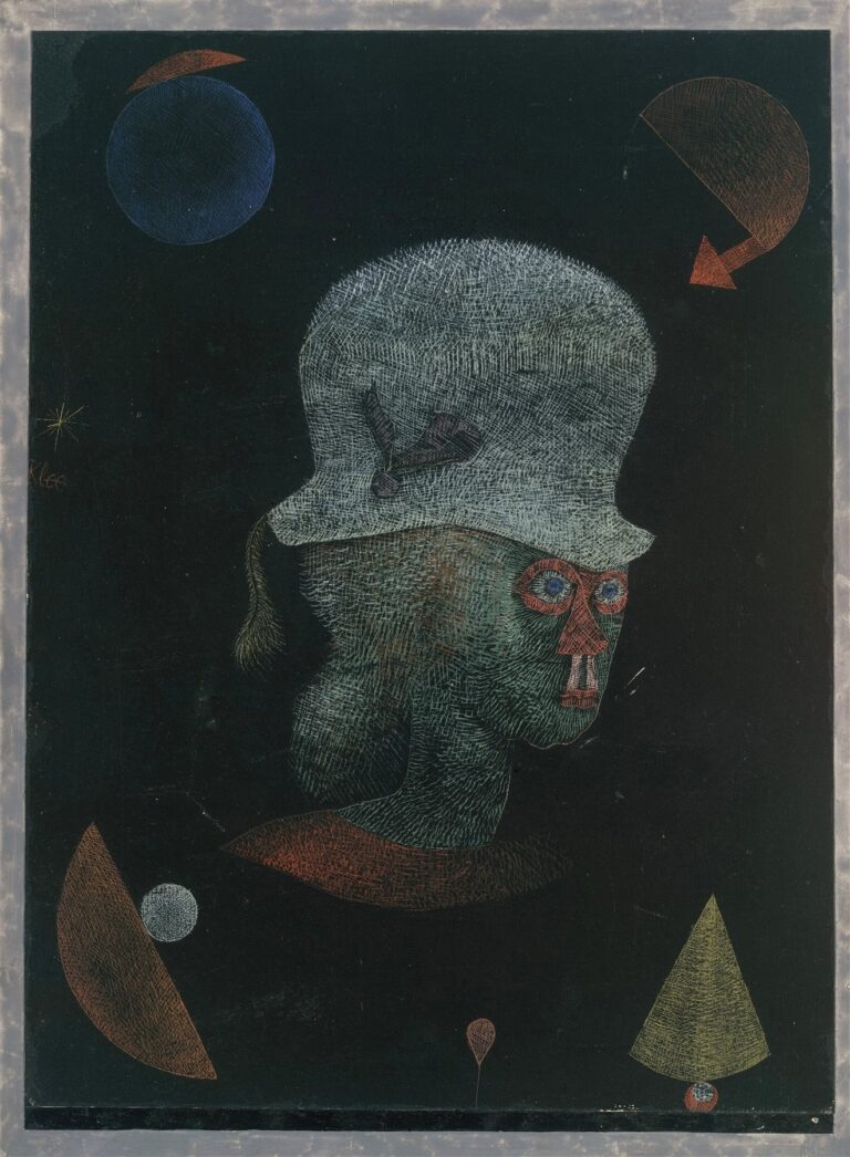 A mystical abstract painting showing a pale-green hat-wearing profile against a black field, surrounded by colored geometric shapes—blue circle, orange semicircle with arrow, yellow cone—with fine white and red hatch lines.