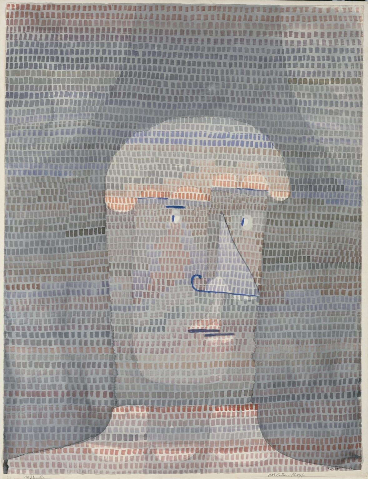 A stylized portrait of a large head emerging from a field of small, rectangular brushstrokes in muted lavender, ocher, and terracotta tones, outlined in minimal black lines to define nose, eyes, and mouth.