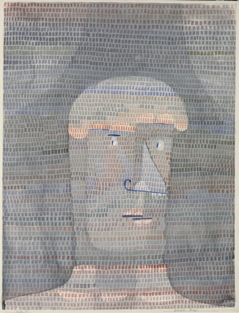 A stylized portrait of a large head emerging from a field of small, rectangular brushstrokes in muted lavender, ocher, and terracotta tones, outlined in minimal black lines to define nose, eyes, and mouth.