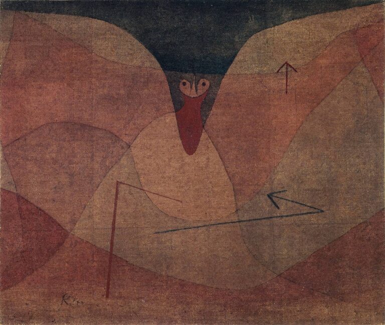 An abstract painting with overlapping curved bands in russet and ochre, a central red biomorphic form with two white “eye” shapes, and angular black arrows set against a dark background, evoking flight paths and machine rhythms.
