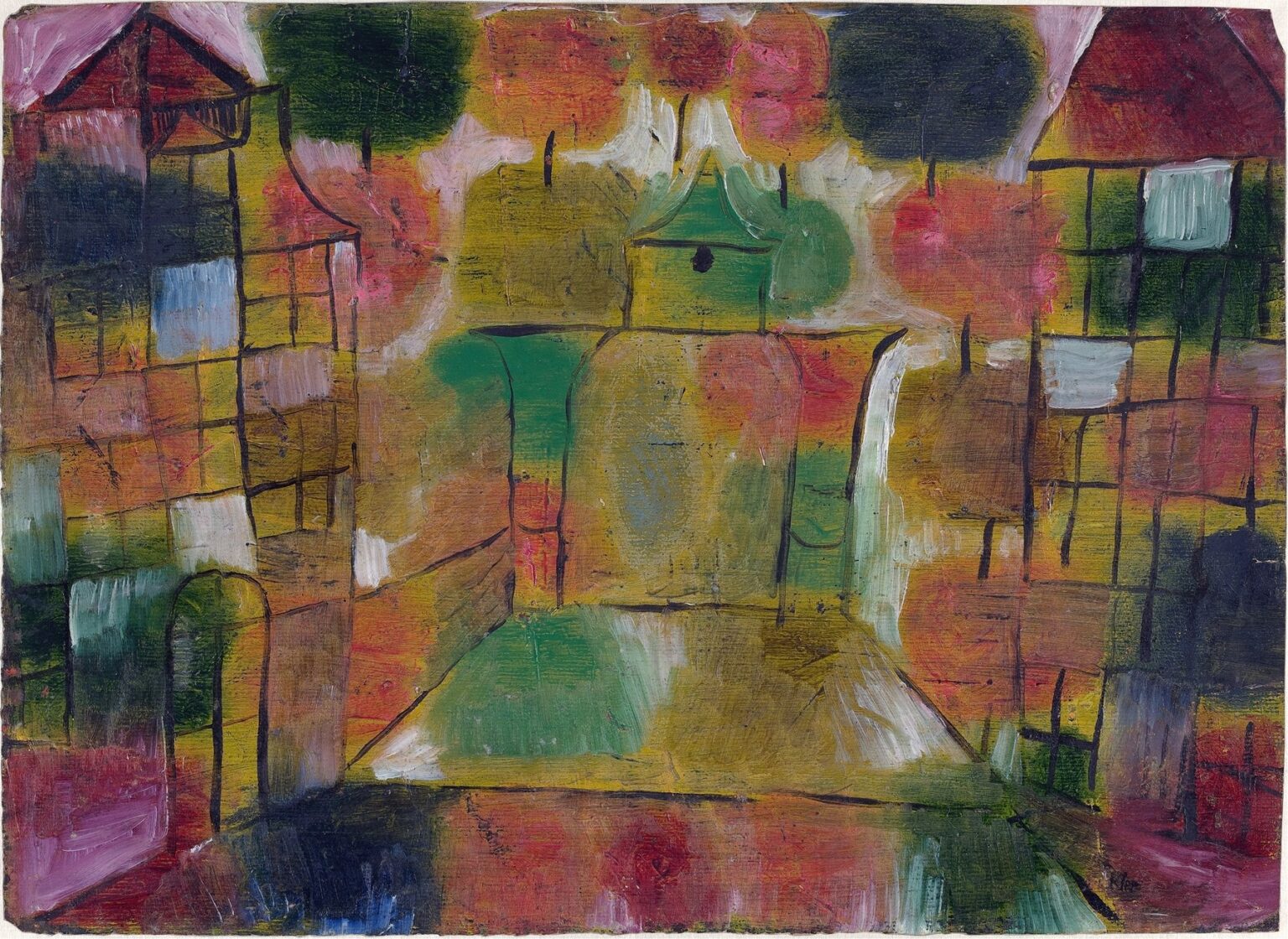 An abstract painting of interlocking ocher, green, and magenta color fields overlaid with black grid lines, curving arcs suggesting a stylized tree, and rhythmic patterns that evoke both natural growth and architectural structures.