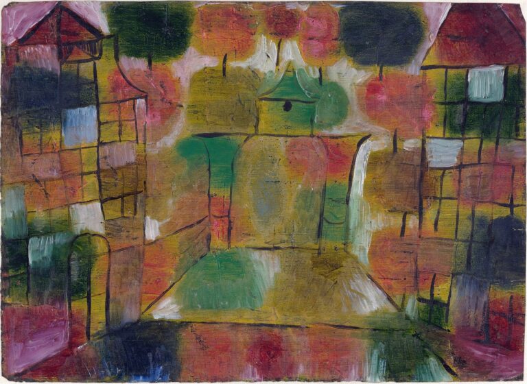 An abstract painting of interlocking ocher, green, and magenta color fields overlaid with black grid lines, curving arcs suggesting a stylized tree, and rhythmic patterns that evoke both natural growth and architectural structures.