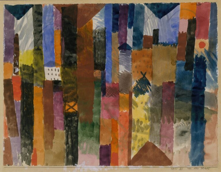 An abstract watercolor of vertical bands in ochre, violet, blue, and earthy tones, punctuated by simple geometric shapes—a small red triangle, black square, and arch—suggesting thresholds and town entry.