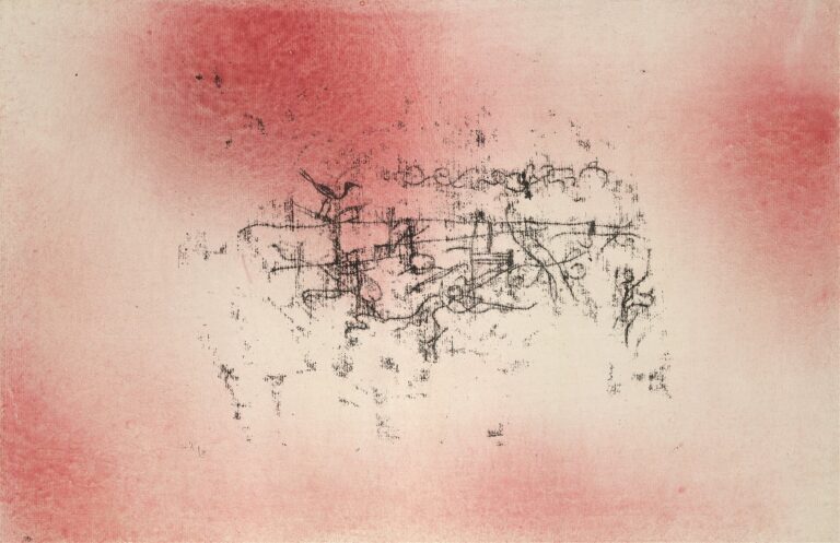 An abstract watercolor painting featuring a soft pink and white wash background with a central cluster of black, calligraphic lines suggesting birds in flight against a glowing, mottled field.