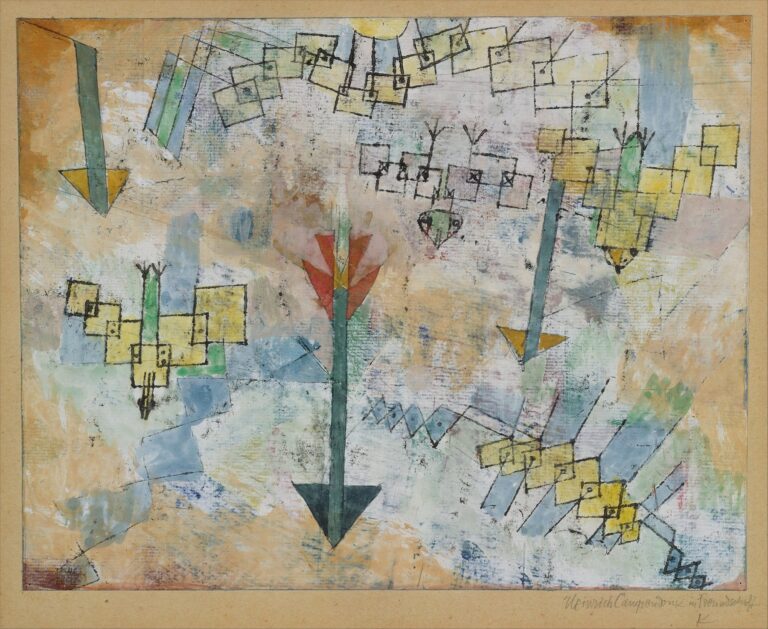 An abstract watercolor on paper with a pale ochre and white washed background, overlaid by yellow square–grid birds with green, blue, and red bodies, and three large teal and yellow arrows pointing downward.