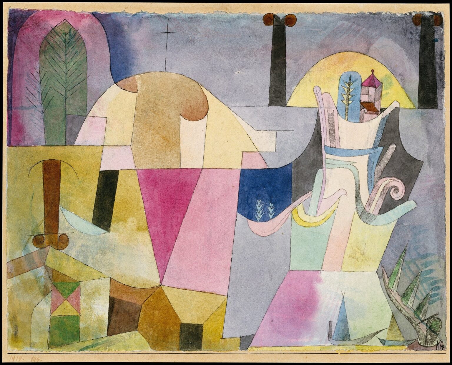 A watercolor painting showing three tall black columns with scroll-like capitals above a horizon line, over a foreground of variegated ochre, pink, and green geometric shapes, beneath a soft gray-lavender sky with a pale white circle.
