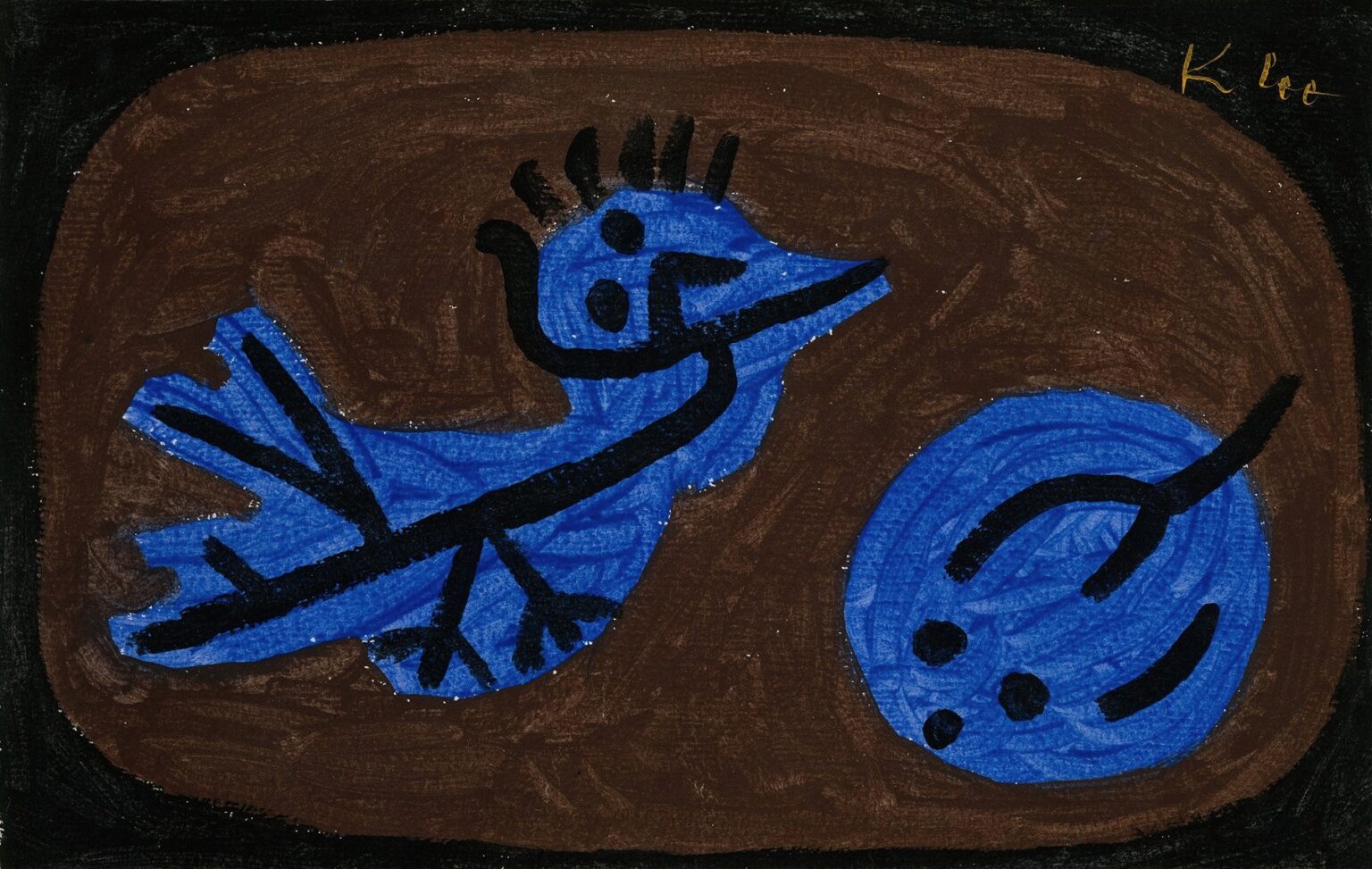 A stylized cobalt-blue bird and a round blue form resembling a pumpkin, both marked with bold black contour lines and sparse black strokes, set within a deep brown oval on a black background.