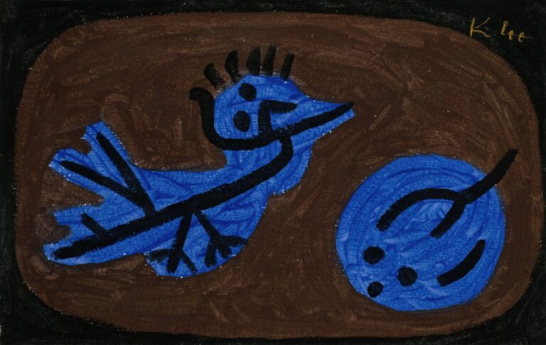 A stylized cobalt-blue bird and a round blue form resembling a pumpkin, both marked with bold black contour lines and sparse black strokes, set within a deep brown oval on a black background.