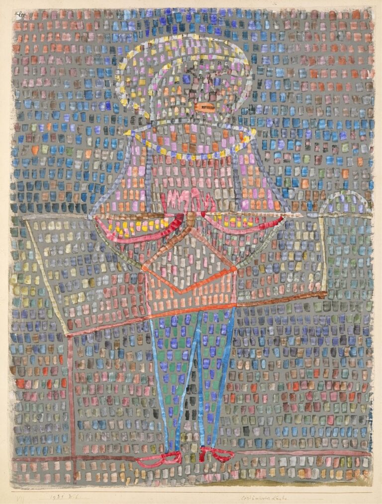 A standing child figure outlined in pastel with a wide-brimmed hat, flowing tunic, and pointed shoes, depicted through a mosaic of small, colored rectangles against a gray-blue background.