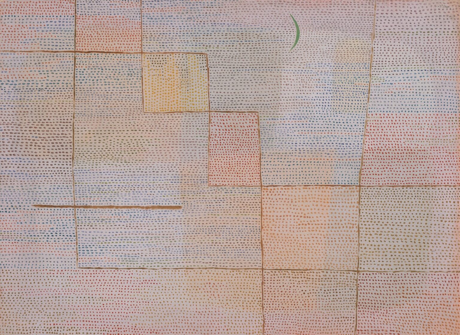 An abstract painting featuring a loose grid of pale ochre lines forming rectangles filled with tiny rhythmic dots in red, blue, yellow, and green hues, against a soft pink and lavender background, with a single green crescent in the upper right quadrant.