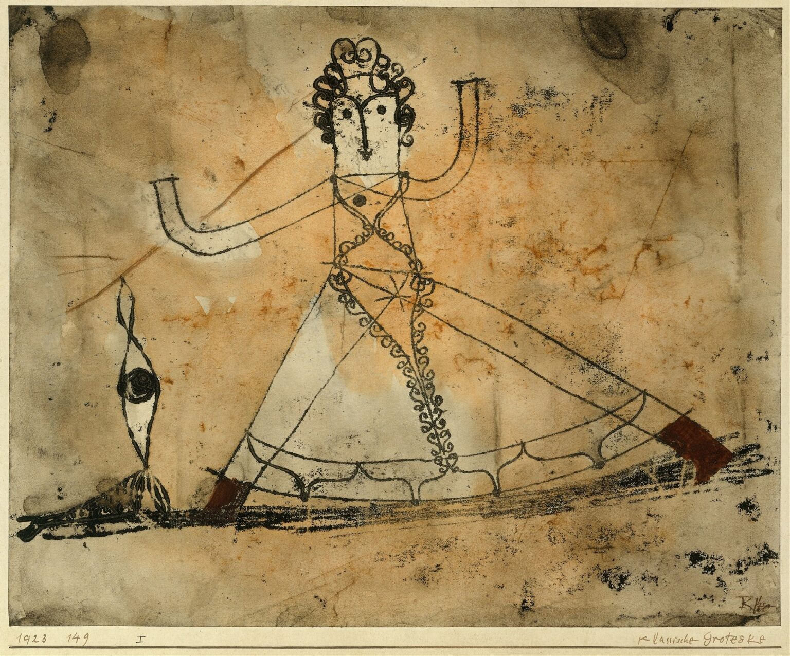A stylized ink and watercolor figure with curling spiral hair, segmented torso, angular limbs ending in red wedges, striding above a mottled ochre background, with a smaller abstract mask shape at left.