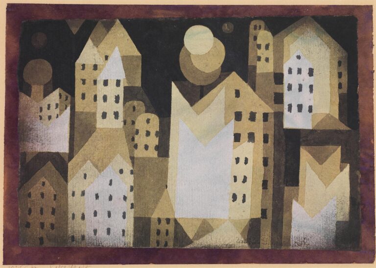 Abstract watercolor cityscape of overlapping ochre and gray geometric buildings with black window dabs under a dark sky punctuated by two pale, overlapping circular moons, framed by a broad burgundy border.