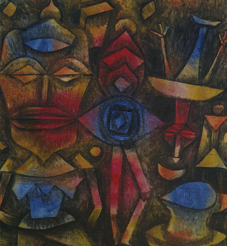 A dark, textured abstract painting featuring overlapping mask-like faces, a central cobalt blue concentric eye, bird-like beaks, and floating rectangular blocks in warm earth tones and vibrant accents.