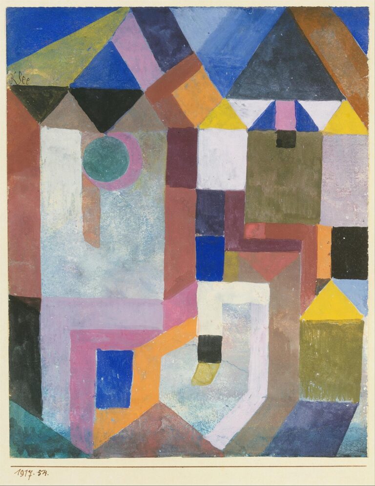 Abstract composition of overlapping geometric shapes suggesting rooftops and walls, rendered in pastel pinks, blues, ochre, olive, and silvery gray washes outlined in pencil.