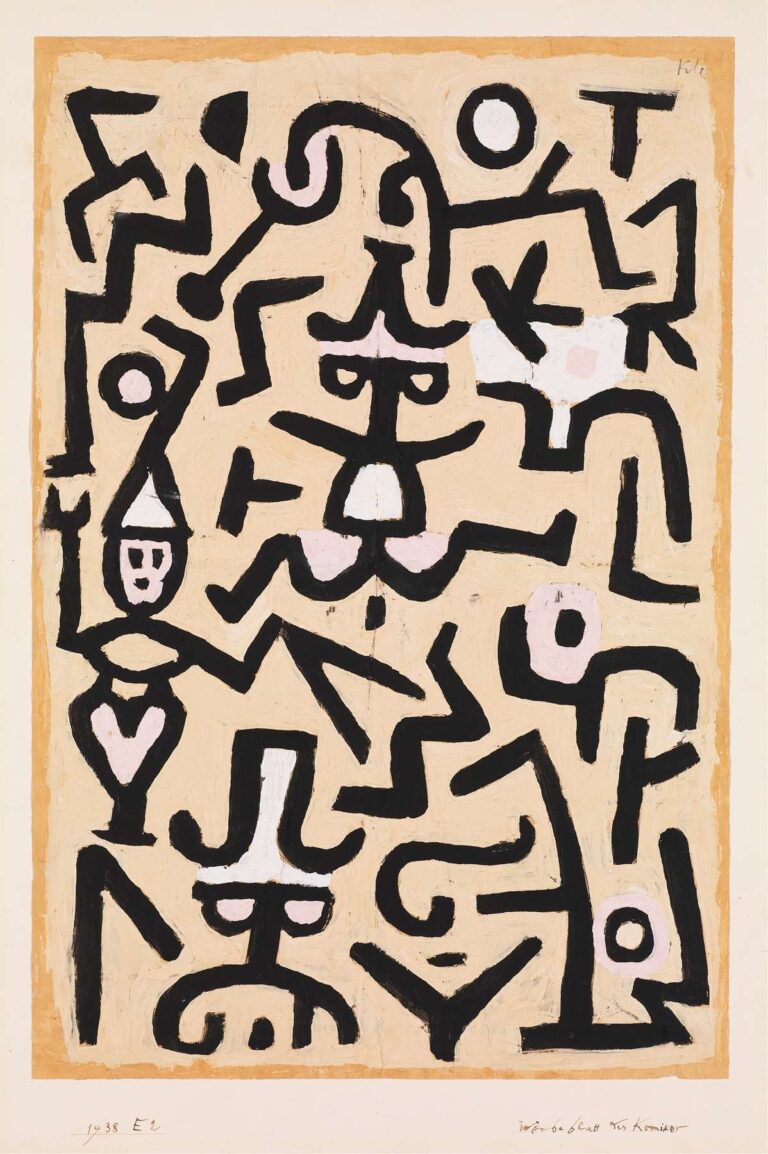 Abstract composition of bold black calligraphic lines forming mask-like faces, angular figures, and wandering gestures on a warm beige background with pale pink and white accents.