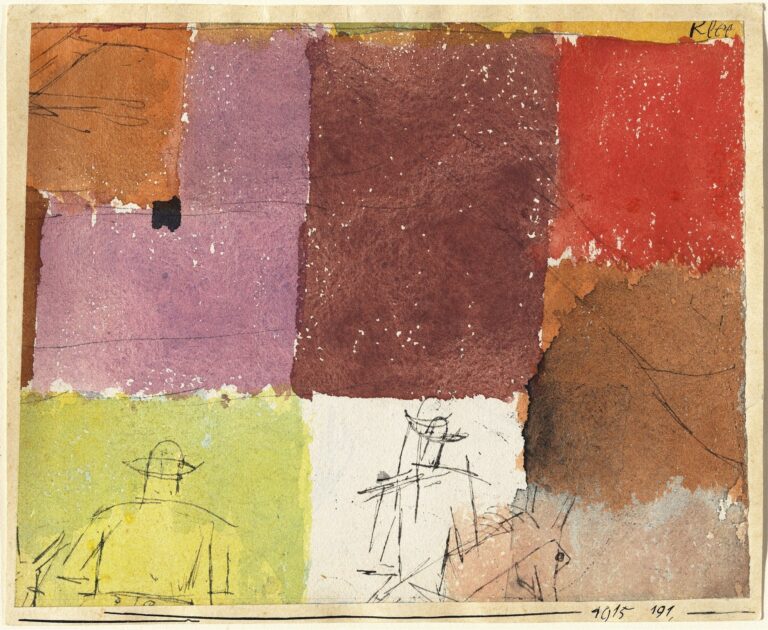 A grid of six colored rectangles in ochre, lavender, russet, chartreuse, ivory, and terracotta, overlaid with loose pencil sketches of stick-figure silhouettes and gestural marks against a timeworn surface.