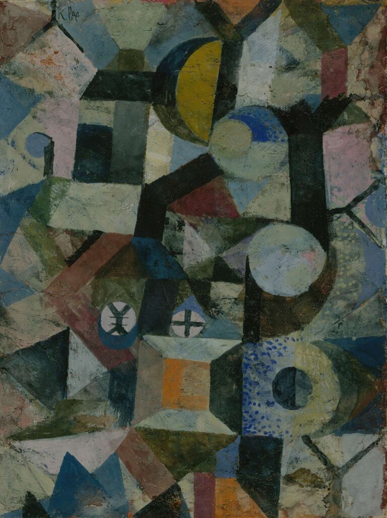 Abstract grid of interlocking triangles, rectangles, and circular forms in muted greens, blues, grays, and dusty pinks, centered on a yellow semicircle and black “Y” shapes.