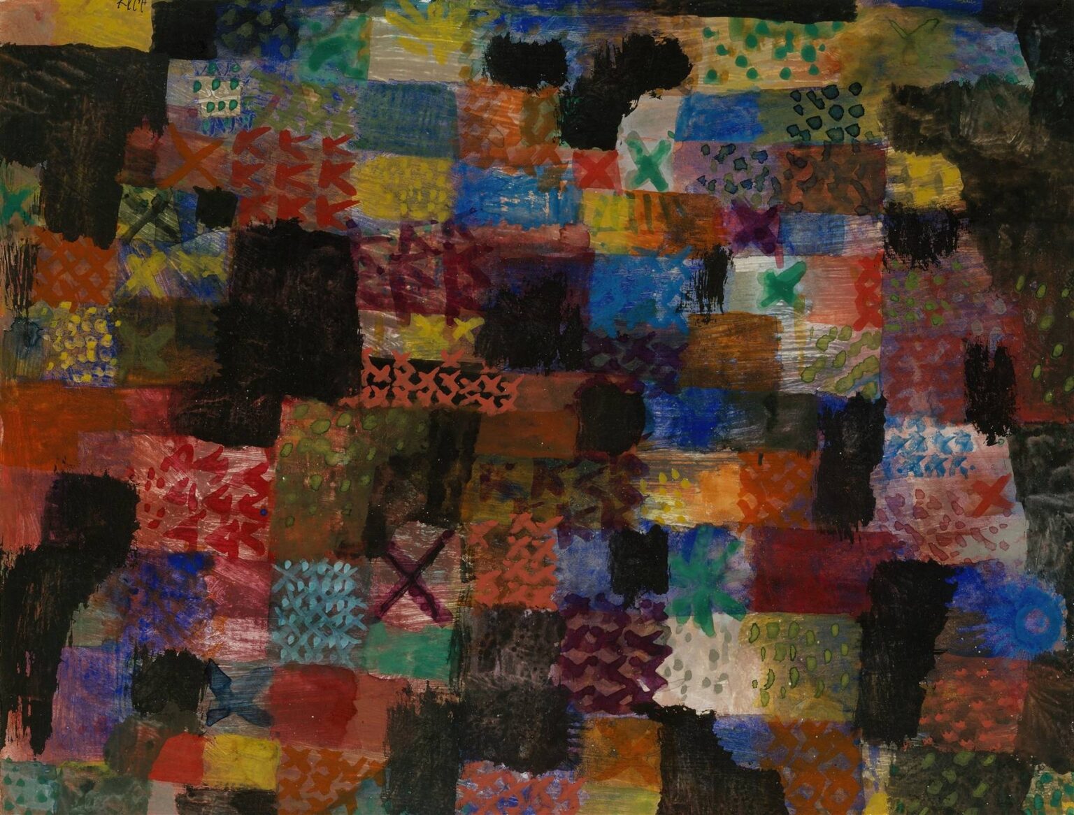Dense mosaic of multicolored rectangular patches in reds, blues, greens, and browns overlaid with black crosses and arrow-like marks, all woven into a grid-like abstract composition.