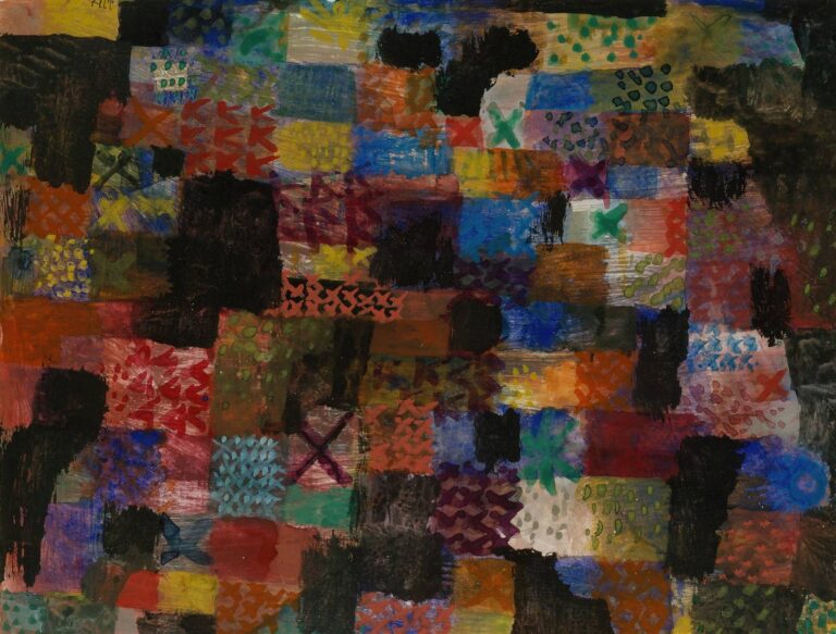 Dense mosaic of multicolored rectangular patches in reds, blues, greens, and browns overlaid with black crosses and arrow-like marks, all woven into a grid-like abstract composition.