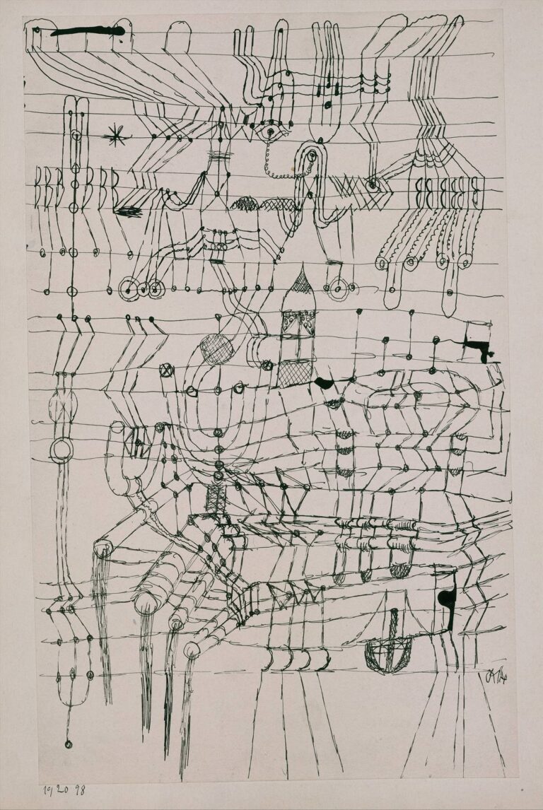 Abstract black-and-white ink drawing of looping lines and knotted nodes arranged over horizontal guide lines, forming a net-like structure.