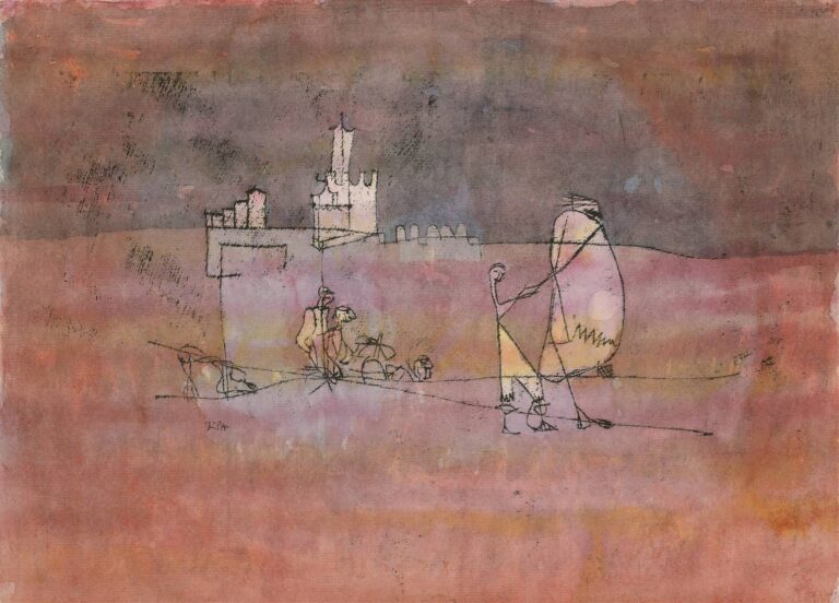 Horizontal watercolor washes in dusty rose, ochre, and gray form desert floor and sky, with a thin white-pink horizon line; fine black ink outlines of a small fortress and two abstract figures appear at the horizon.