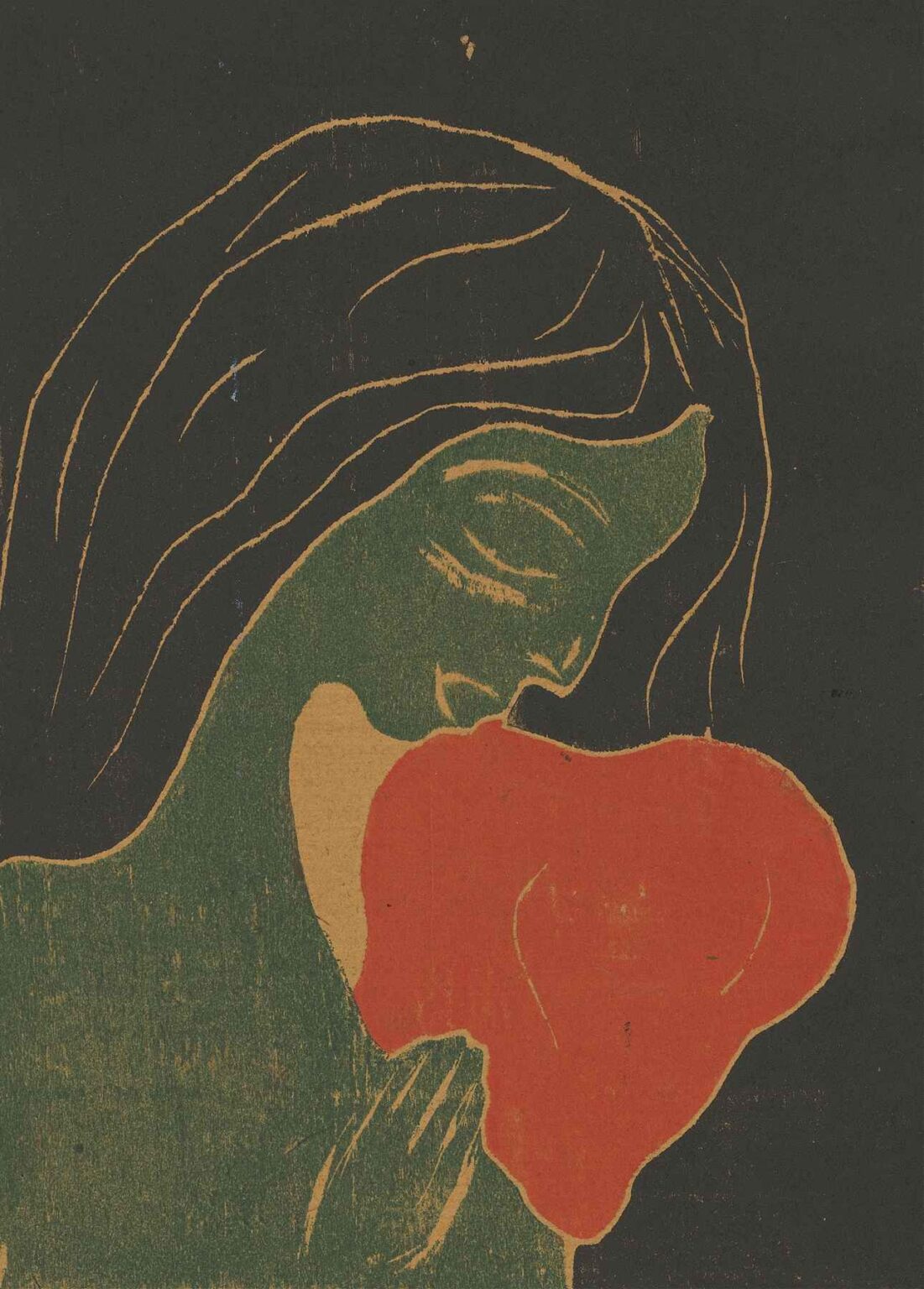 Simplified profile of a woman in muted green tones bowing toward a large, vibrant red heart shape against a dark background.