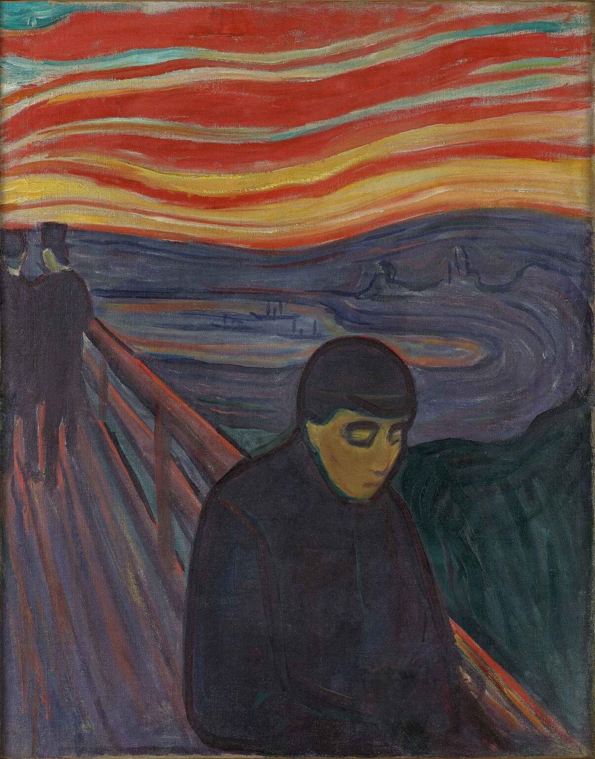 Solitary figure leaning on a wooden railing, head in hands, under a swirling red and orange sky above dark, restless water.