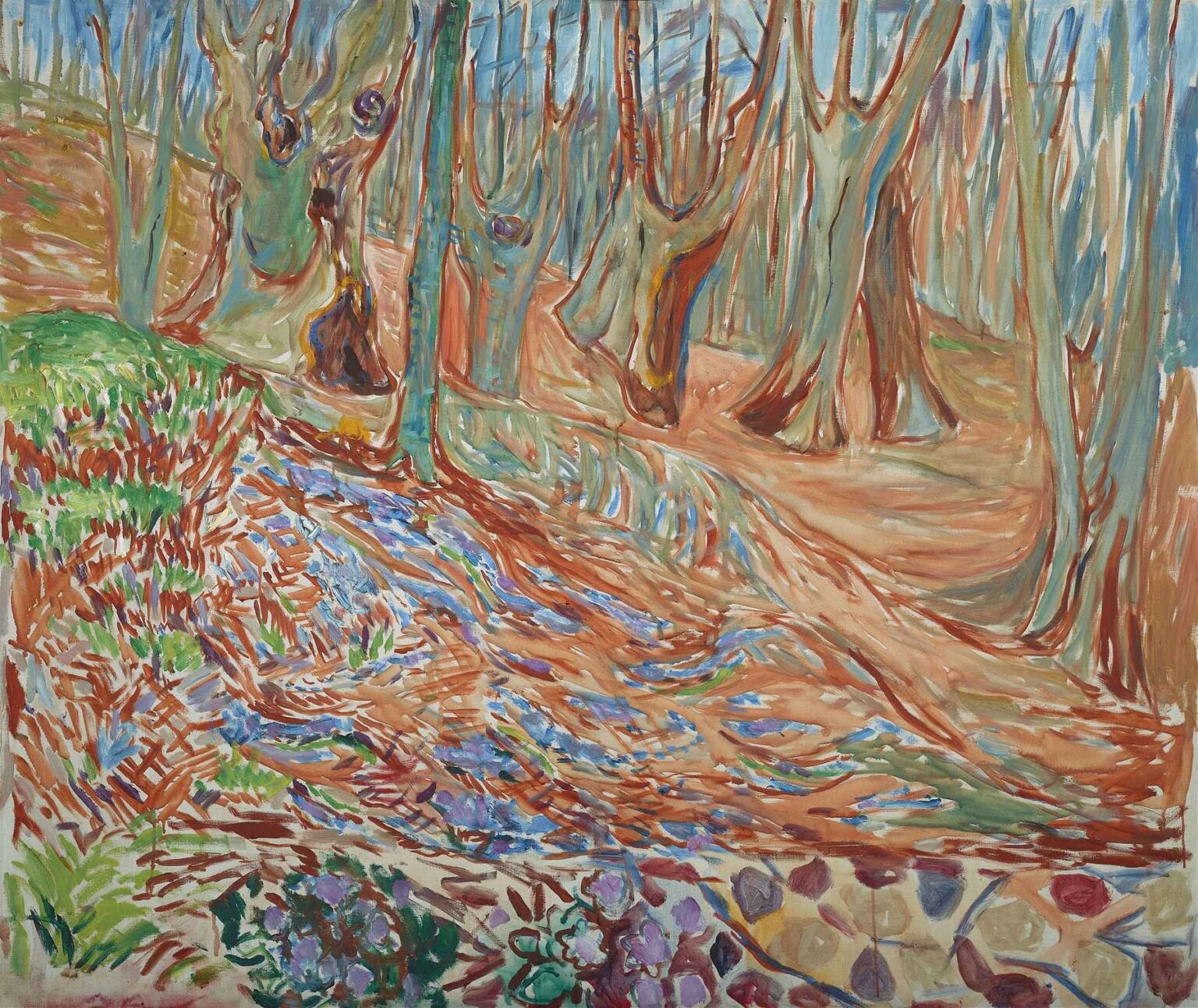 Energetic oil painting of a springtime elm grove, showing slender, undulating tree trunks and a carpet of new undergrowth rendered in swirling strokes of green, russet, lavender, and blue.