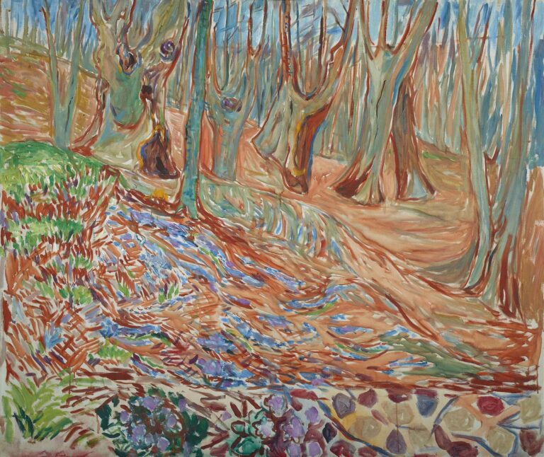 Energetic oil painting of a springtime elm grove, showing slender, undulating tree trunks and a carpet of new undergrowth rendered in swirling strokes of green, russet, lavender, and blue.