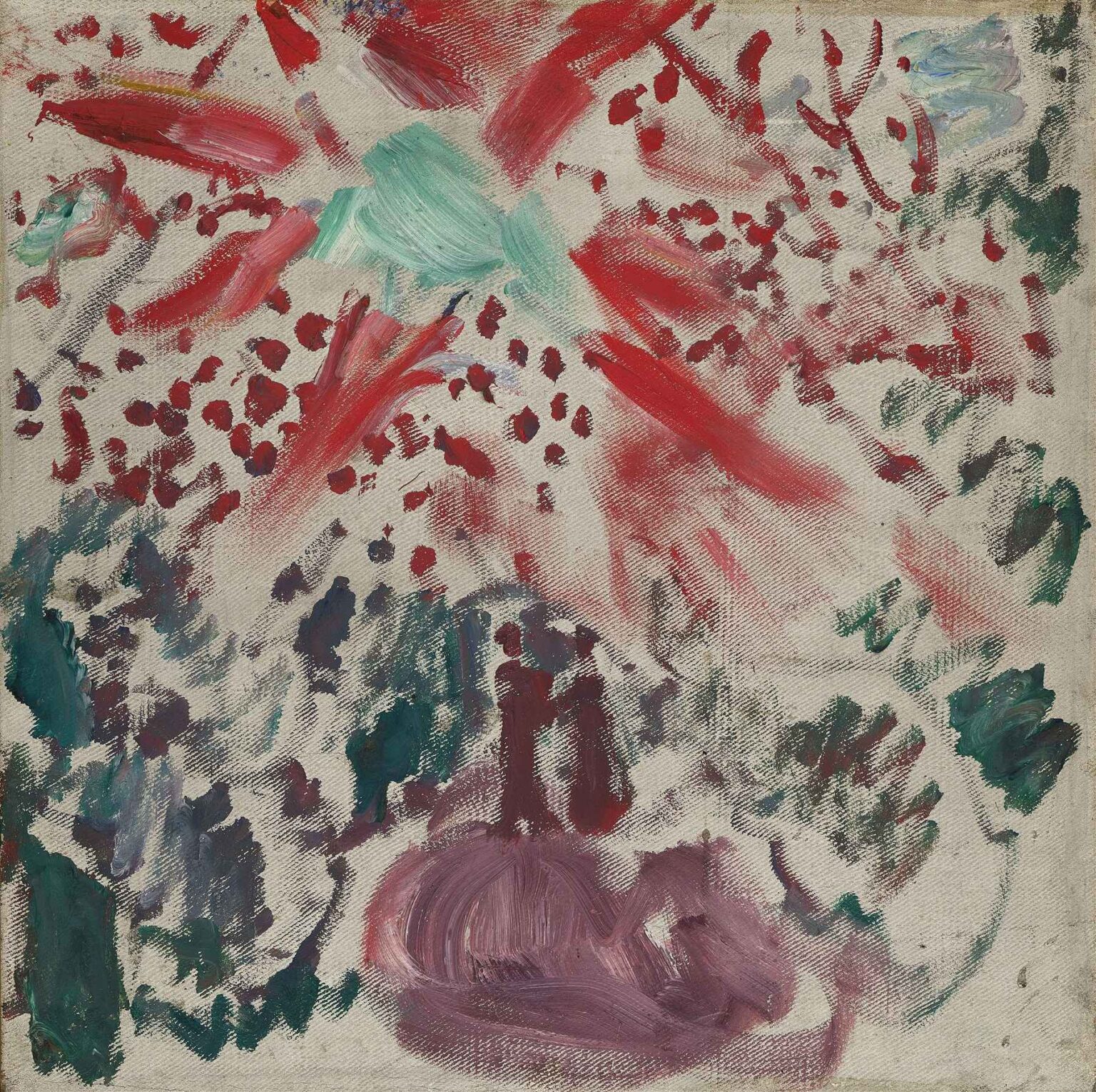 Abstract oil painting with dynamic red, teal, green, and purple brushstrokes over a pale canvas, creating an expressive interplay of color and form.
