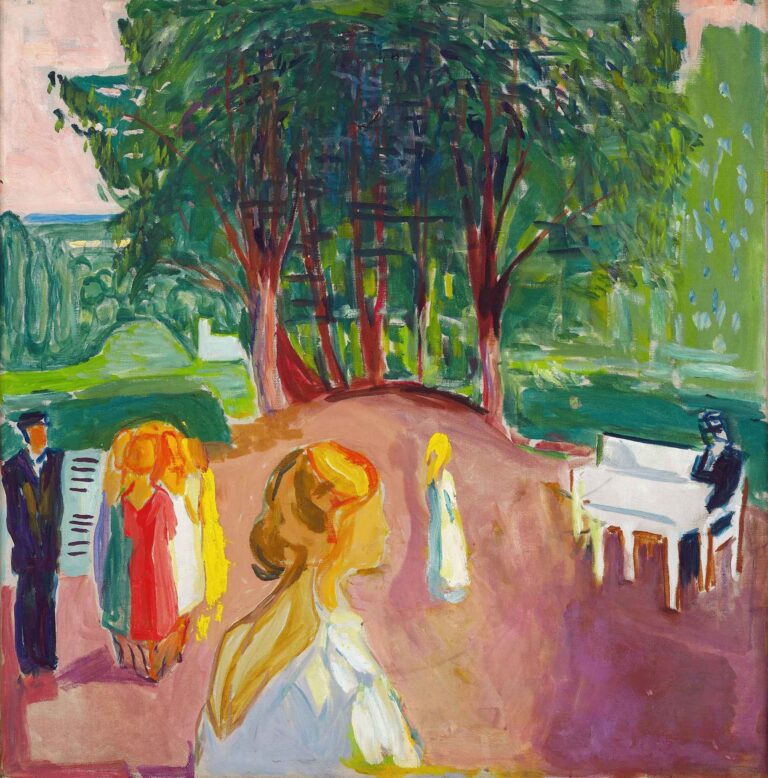 Late-career oil painting showing a young woman in white in the foreground, a trio conversing in colorful dresses to the left, and a pianist at a white grand piano to the right, all beneath a canopy of lush green trees on a pinkish garden path.
