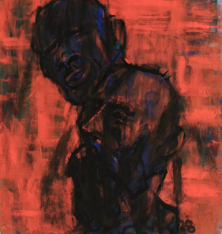 Two abstracted dark heads painted in deep blues and blacks emerging from a textured field of vibrant red, their features suggested by bold, gestural brushstrokes against a glowing crimson background.