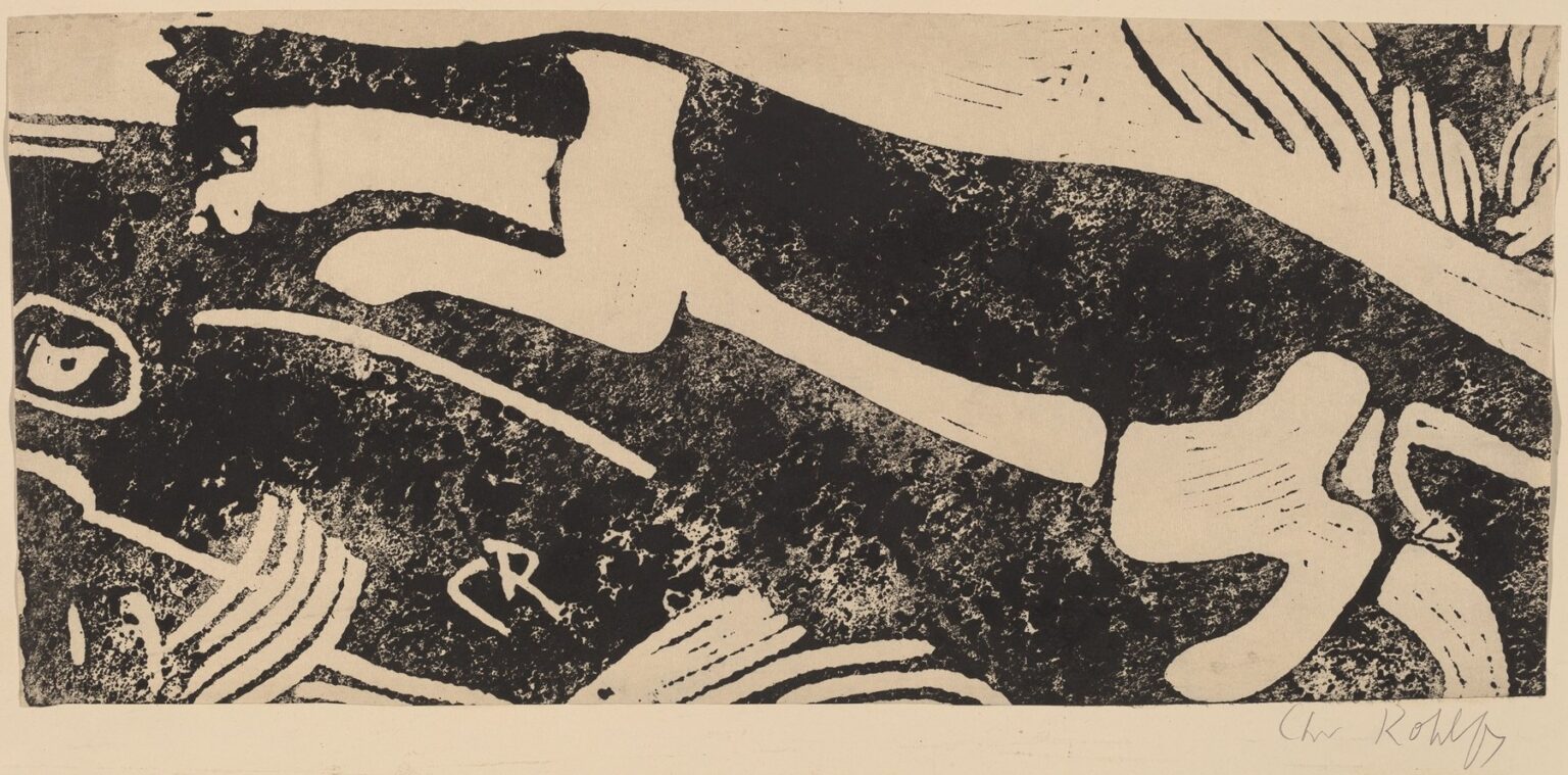 High-contrast black-and-white print showing a stylized cat figure above and a mouse below, rendered in abstract sweeping shapes and textured patterns against a cream background.