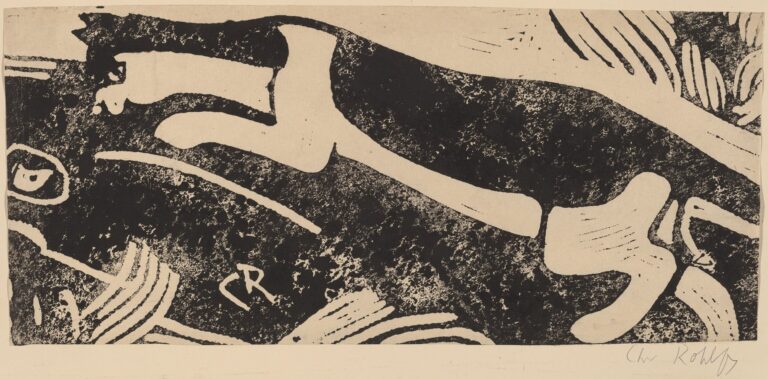 High-contrast black-and-white print showing a stylized cat figure above and a mouse below, rendered in abstract sweeping shapes and textured patterns against a cream background.