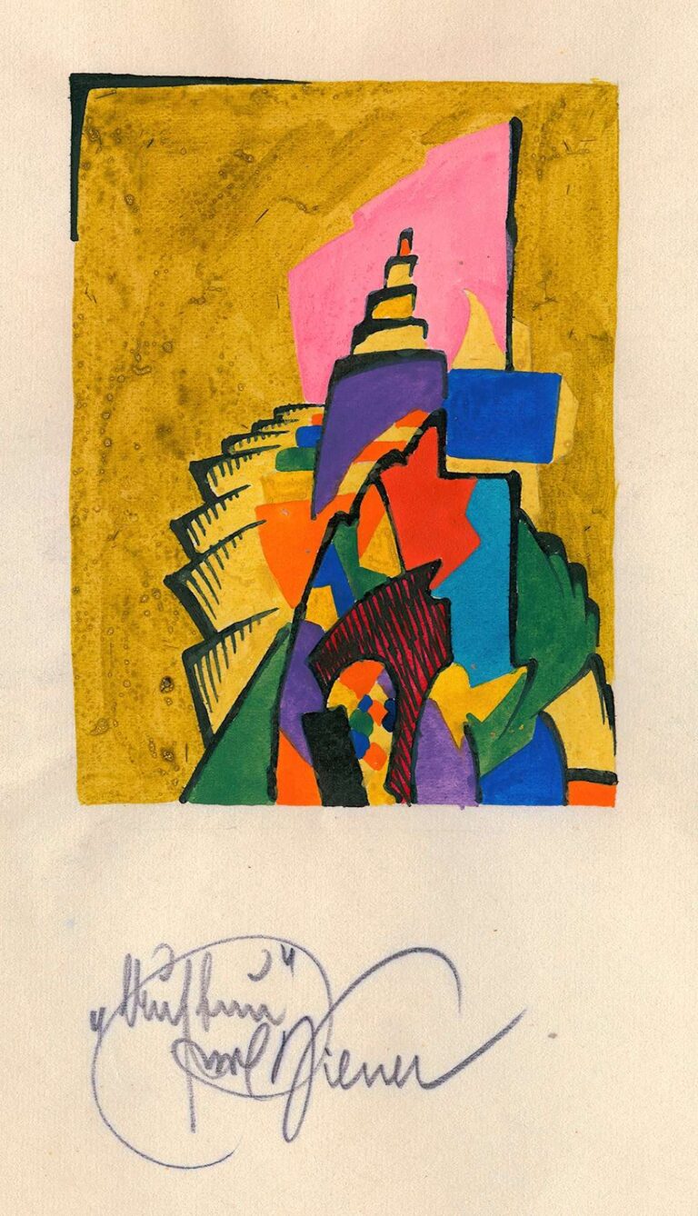 Abstract drawing “Construction” by Karl Wiener (1923) featuring a spiraling assembly of geometric shapes in pink, purple, blue, green, orange, and black against a gold wash background, outlined by a hand‑drawn rectangular frame.