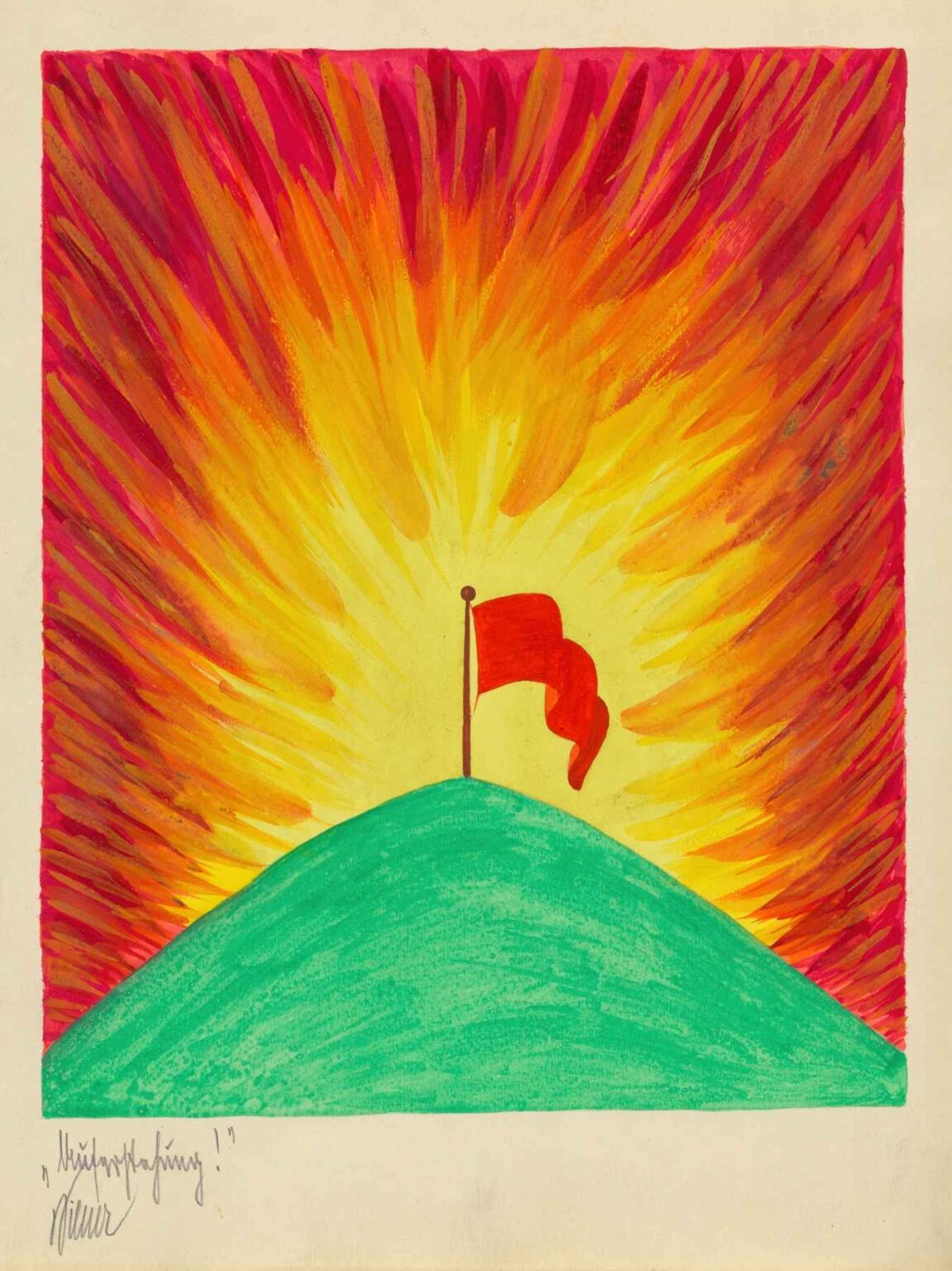 Abstract painting “Resurrection!” by Karl Wiener (1923) depicting a single red flag on a green hilltop, set against a burst of yellow, orange, and magenta rays filling the sky.