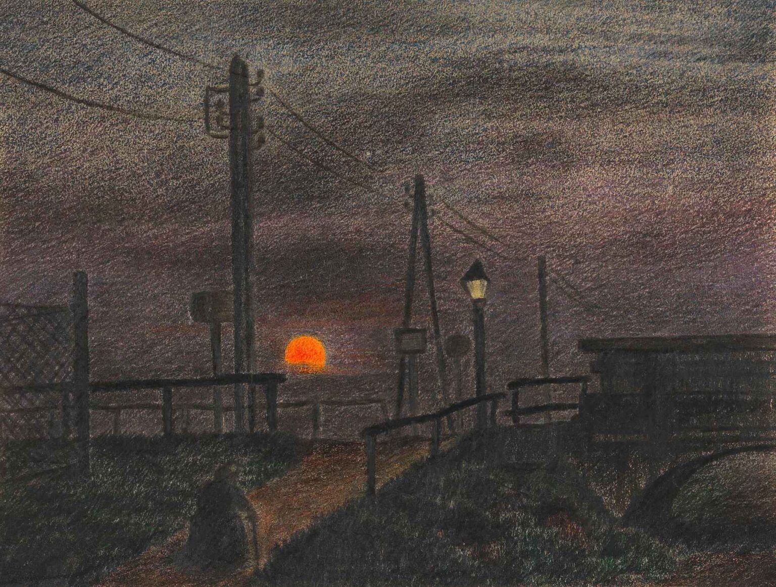 Nocturnal colored‑pencil and wash drawing “Rising Moon” by Karl Wiener (1924) depicting a lone figure on a shadowed path flanked by telephone poles, watching a copper‑orange moon rise over a dark sea beneath an indigo sky.
