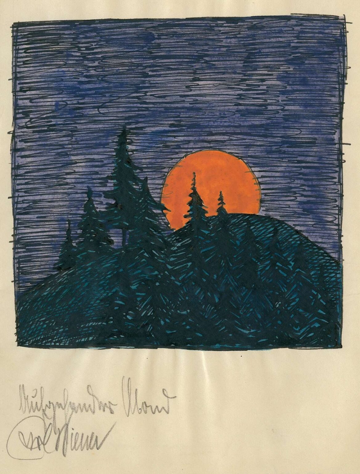 Colored‑pencil and gouache drawing “Rising Moon” by Karl Wiener (1921) depicting silhouetted pines and telephone poles on a hillslope, a winding path, and a glowing orange moon rising against a hatch‑filled indigo sky.