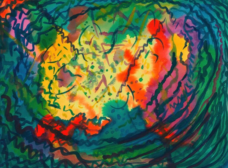 Abstract painting “Resolution” by Karl Wiener (1928) depicting a radiant burst of yellow, orange, and red at the center, ringed by undulating arcs of teal and green, all rendered with energetic, gestural brushstrokes.