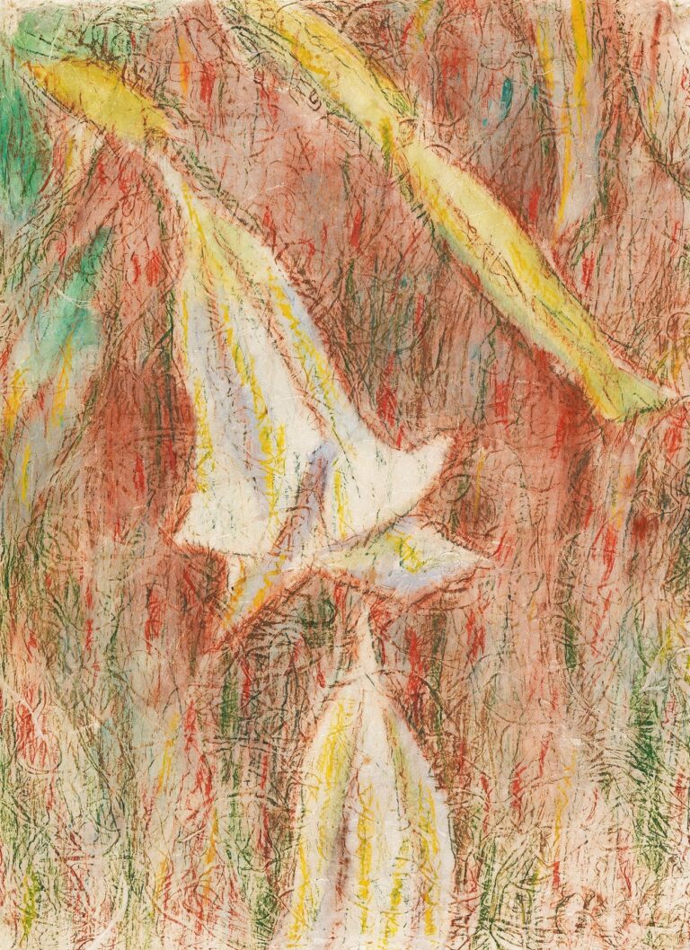 An abstracted floral composition in pastel and gouache showing drooping white datura blossoms set against a textured background of reds, greens, and ochres, rendered in rhythmic scribbles and sweeping strokes.
