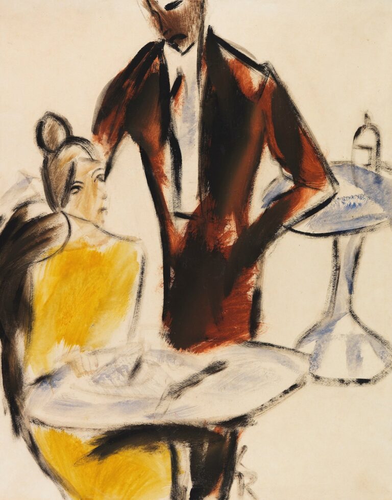 Expressionist painting by Christian Rohlfs of a man and a woman seated at separate café tables, the woman rendered in warm ochre and brown tones gazing outward, the man in a rust-colored coat with his hands on a round table; loose charcoal outlines and washes of blue-gray and red create an abstracted interior setting.
