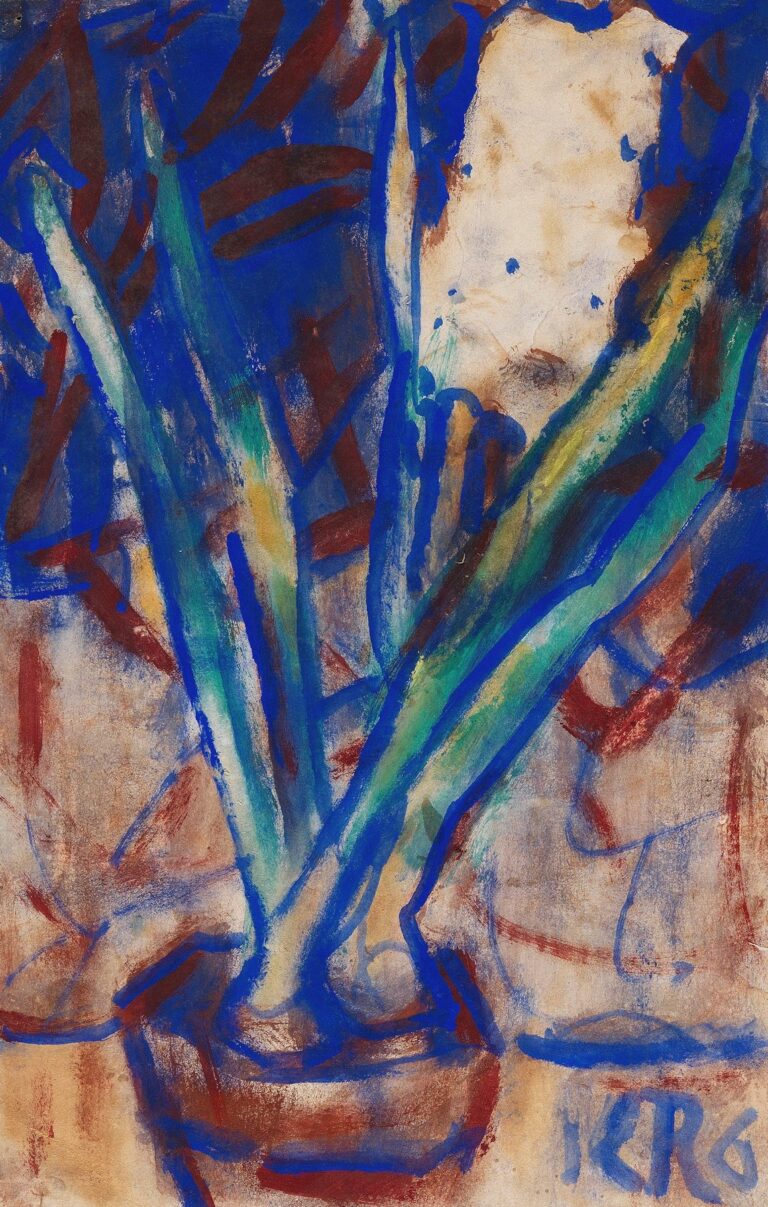 Expressionist still life by Christian Rohlfs depicting a potted white hyacinth with clustered blooms and long green leaves, painted in energetic strokes of blue, red, and ochre on warm-toned paper to create an abstracted background and vibrant sense of life.