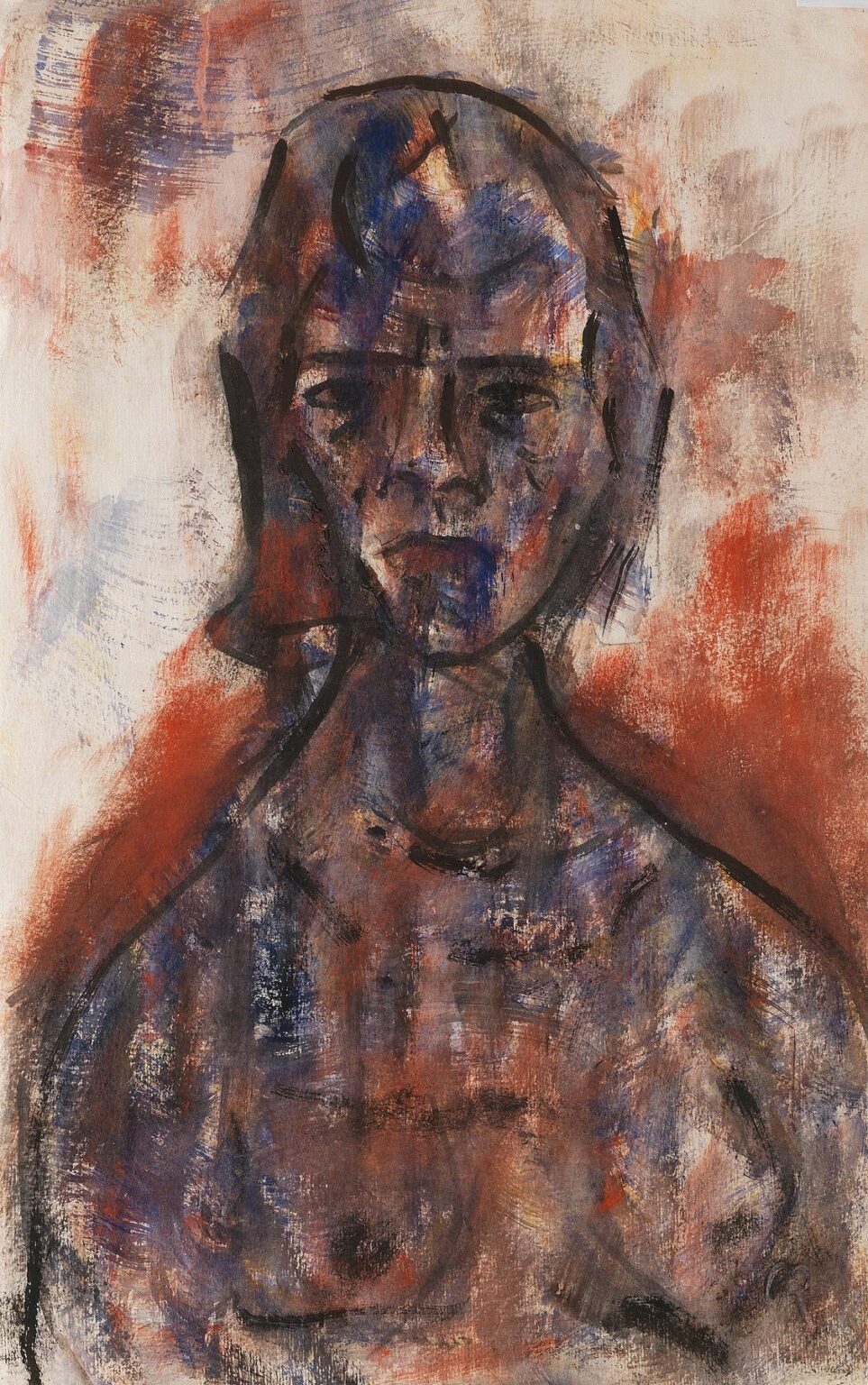 Expressionist nude study by Christian Rohlfs showing a simplified torso and head in layered blue, red, and brown washes with bold charcoal outlines, set against a textured, lightly painted background that blurs figure and space.
