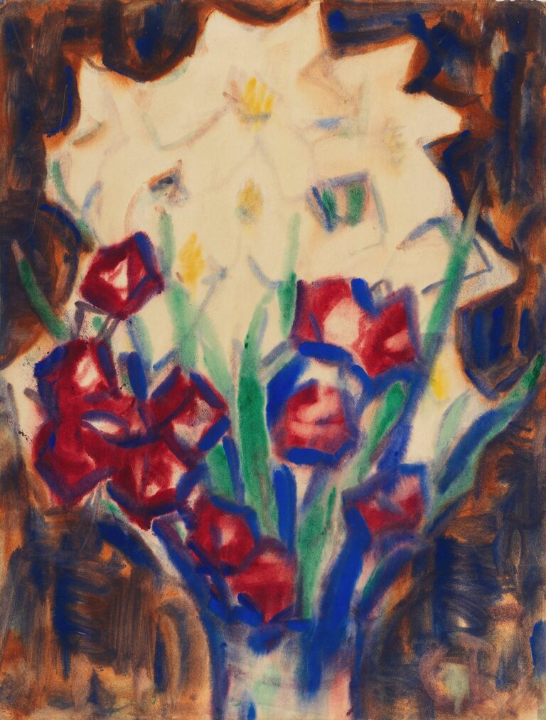 Expressionist still life painting by Christian Rohlfs featuring a bouquet of red and white flowers with green stems in a translucent vase, rendered in loose, vibrant brushstrokes of tempera on paper, with abstracted background tones of deep blue and warm brown.