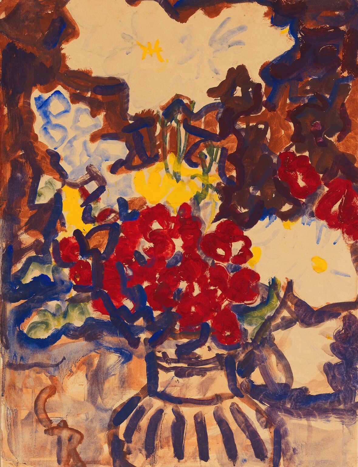 Expressionist still life by Christian Rohlfs depicting a vibrant summer bouquet of red and yellow blooms in a loosely rendered vase, set against animated strokes of purple, blue, and ochre on warm-toned paper.