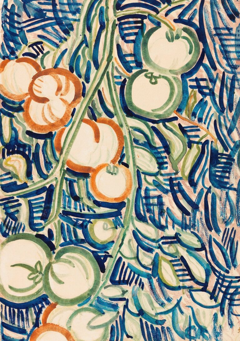 Expressionist still life painting by Christian Rohlfs depicting a diagonal tomato vine with alternating red and green fruits and flowing green leaves against a patterned background of blue and ochre brushstrokes.